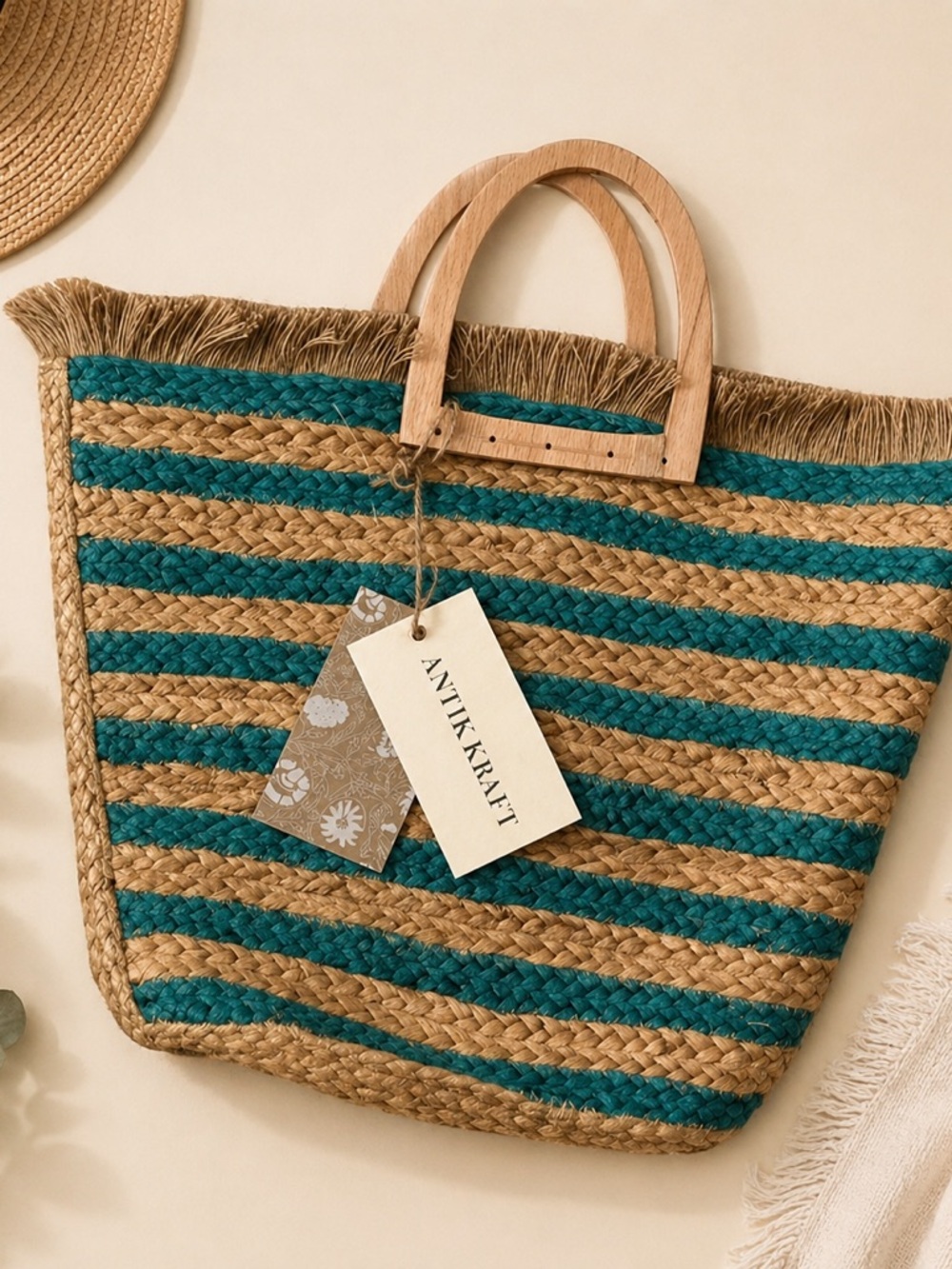 ANTIK KRAFT Hashree Wicker Jute Blue Stripes Tote Bag Wooden Handles Beach Bag - Picture 2 of 16